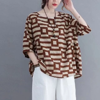 รุ่น-325เสื้อยืดแขนสั้นผ้าฝ้ายผู้หญิง ใหม่สไตล์เกาหลีหลวมขนาดใหญ่ลายสก็อตพร้อมส่ง