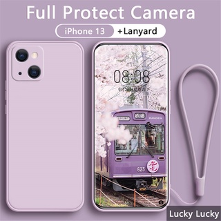 IPhone 13 เคส 13 Pro Max Mini เคสซิลิโคนเหลว พร้อมฝาครอบเต็มรูปแบบ กล้อง ฟรีสายคล้อง Samsung Galaxy เคสเชือกสายคล้อง สายคล้อง กันกระแทก