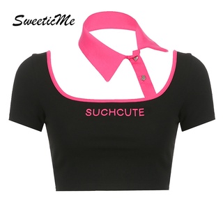 Sweeticme ใหม่ เสื้อยืดลําลอง แขนสั้น คอกลม เข้ารูป สีตัดกัน สําหรับสตรี 2022