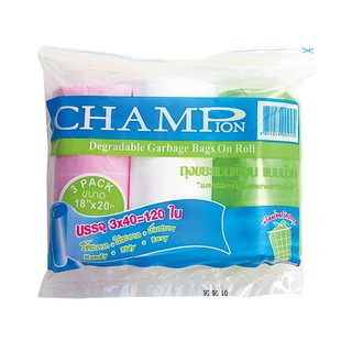 🔥สินค้าขายดี!! แชมเปี้ยน ถุงขยะม้วน คละสี ขนาด 18x20 นิ้ว x 3 ม้วน Champion Garbage Bags On Roll 18x20" Pack 3 Rolls