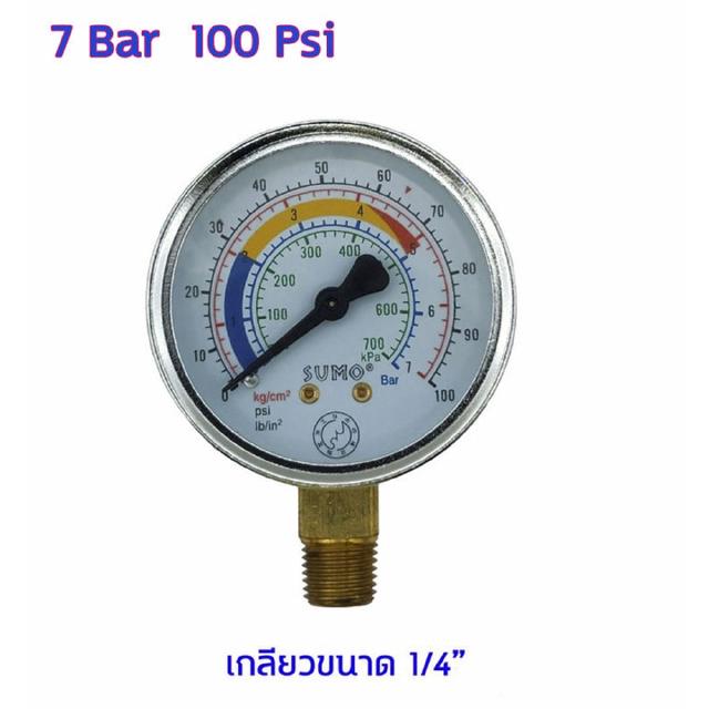 เพรสเชอร์ เกจ Pressure Gauge เกจวัดความดัน Brand Sumo Range 0-7 Bar หรือ 100 Psi หน้ากว้าง 63มม (2.5 นิ้ว)