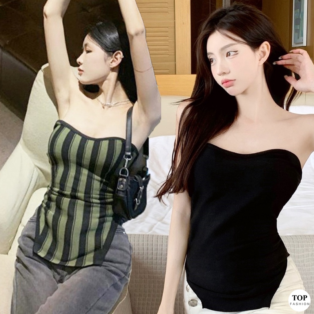 พร้อมส่งไทย ราคาถูก เสื้อเกาะอกตัวยาว ผ้าไหมพรมลายริ้วใหญ่ 4 สี