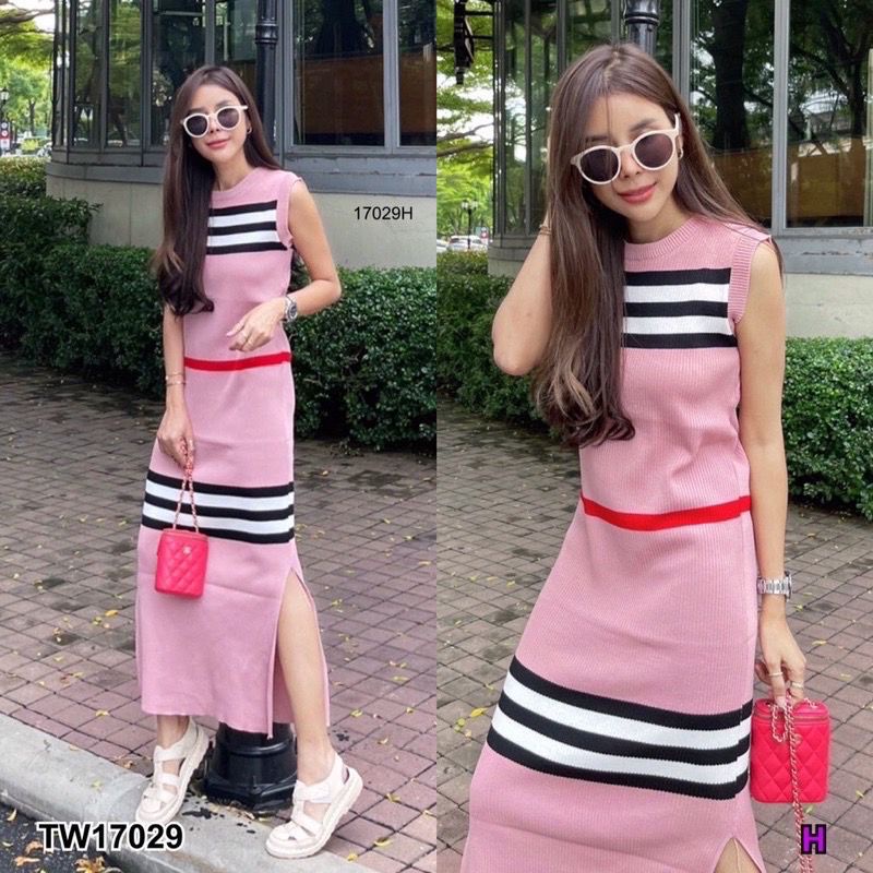 สินค้านำเข้าพร้อมส่ง งานเกรดพรีเมี่ยมยืดได้เยอะมาก เดรสไหมพรมยาว แขนกุด/แขนสั้นคอกลมผ่าข้าง