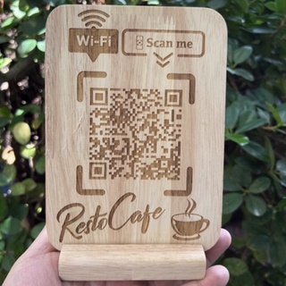 ป้ายไม้เลเซอร์สลักข้อความ ป้าย QR CODE ป้ายงานสั่งทำ ป้าย Laser ป้ายไม้ตั้งโต๊ะ ป้ายหน้าเคาเตอร์ ป้ายแกะสลัก ป้ายมินิมอล