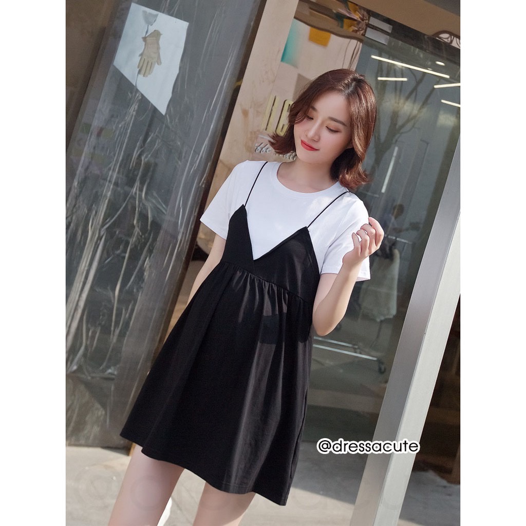 Mini Dress สายเดี่ยว ไม่มีกระเป๋า เสื้อ-เอี้ยมเย็บติดกัน ชุดเดรสสั้นรุ่น 084 / 094