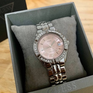 แท้💯🇺🇸New Guess Sporty Silver-Tone Watch with Pink Dial, Crystal-Accented Bezel and Stainless Steel