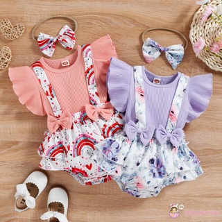 BABYGARDEN-6-24months Baby Girls Casual Romper, Cartoon Flower/Rainbow Printed Fly Sleeve Patchwork Bodysuit+Headband