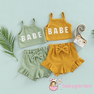 Babygarden-0-24 เดือน เด็กผู้หญิง 2 ชิ้น ชุด, เสื้อกล้ามสลิง แขนกุด พิมพ์ลายตัวอักษร ยาง + โบว์ เอวยางยืด ชุดกางเกงขาสั้น สีพื้น