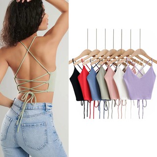 เสื้อสายเดี่ยว คอวี ผ้าแถบถัก เปิดหลังเซ็กซี่ สีพื้น สําหรับผู้หญิง
