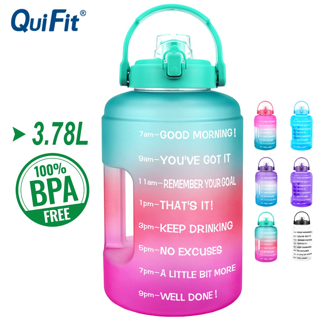 QuiFit ขวดน้ำ แกลลอน 3.78 ลิตร ไร้ BPA พร้อมเครื่องหมายเวลา สร้างแรงบันดาลใจ