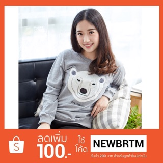 เสื้อแขนยาว Sweater ปัก ลายหมีขาว ผ้านุ่ม COTTON 100%