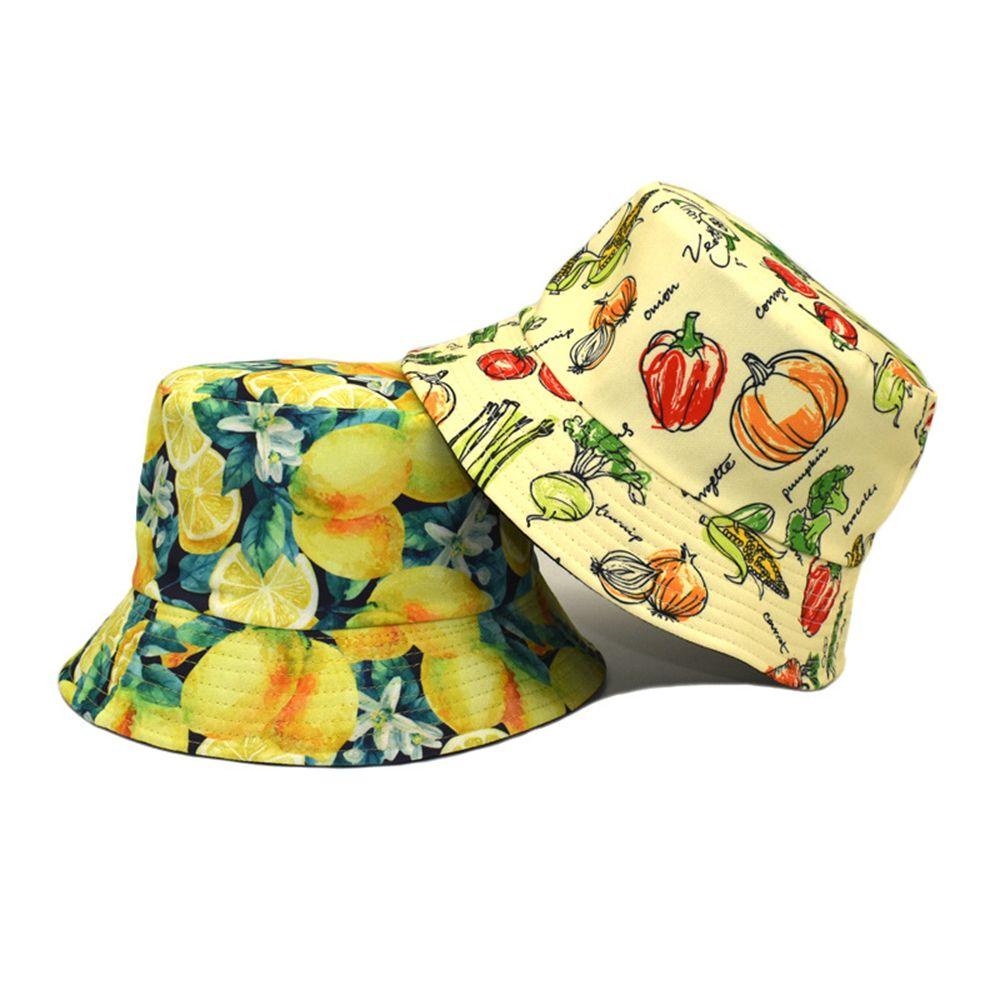 Lindbes Fashion Unisex Two Side Reversible Hat Fisherman Hat Summer Tropical Printed Fruit Pattern Pineapple Watermelon Lemon Cherry Bucket Hats