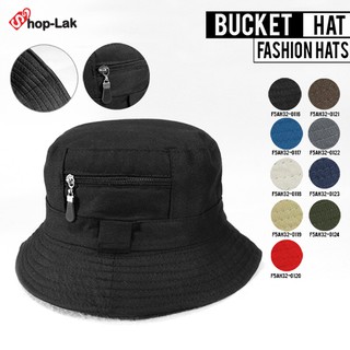 หมวกเเฟชั่น BUCKET  สีพื้นมีซิปหน้า  *CN $ F5Ah32-0116