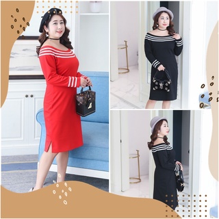 PMSWEET PLUSSIZE : PM4099 : พร้อมส่ง เสื้อผ้าไซส์ใหญ่ คนอ้วน สาวอวบ ชุดเดรสเปิดไหล่ ผ้าโพลีเอสเตอร์ผสมคอตตอนเนื้อย