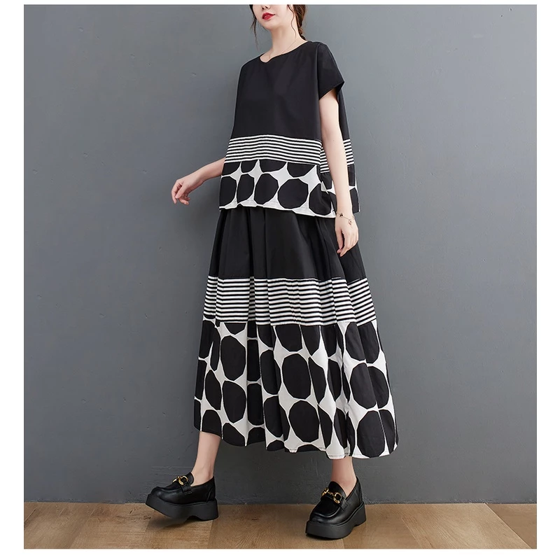 Oladivi Plus ขนาดผู้หญิงเสื้อผ้าแฟชั่น Polk Dot พิมพ์แขนสั้นลําลองหลวมเสื้อ + กระโปรงสองชิ้นชุดฤดูร้อนใหม่ขนาดใหญ่เสื้อด้านล่าง 3553 L XL XXL 3XL C051B thumbnail 8