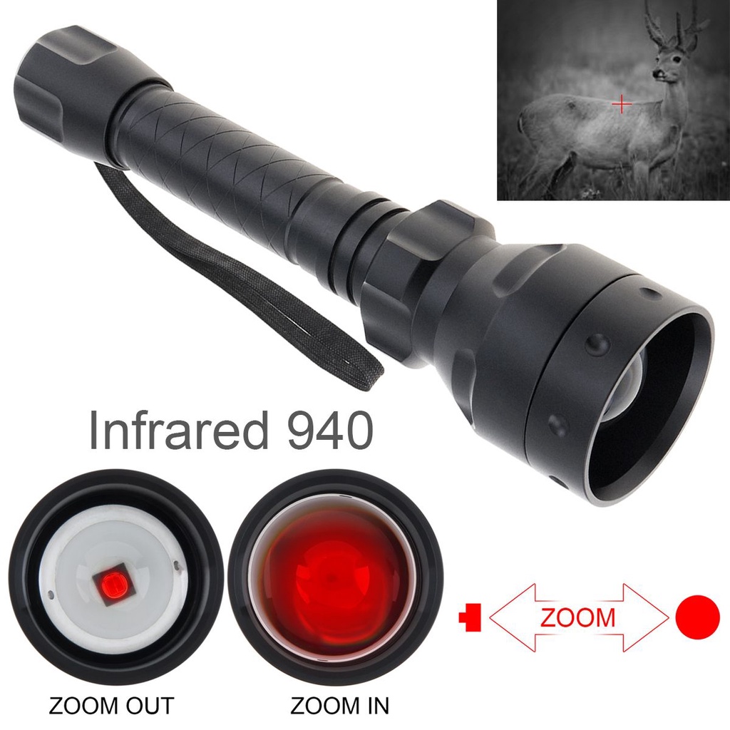 ไฟฉายอินฟราเรด T50 ระยะไกล ซูมได้ 10W 940nm เวอร์ชั่นกลางคืน IR LED เรนจ์เรเดียน ยุทธวิธี ไฟฉาย สําหรับล่าสัตว์