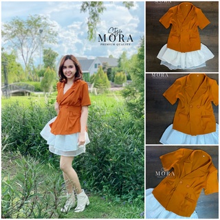 Set เสื้อสีน้ำตาล คอปก + กระโปรงสั้นฟูสีขาว 🌻 Mora