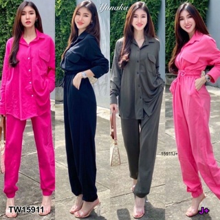 เซต 2 ชิ้น เสื้อเชิ้ตแขนยาว กระดุมหน้ามีกระเป๋าหน้าอก มาพร้อมกางเกงเอวยางยืด