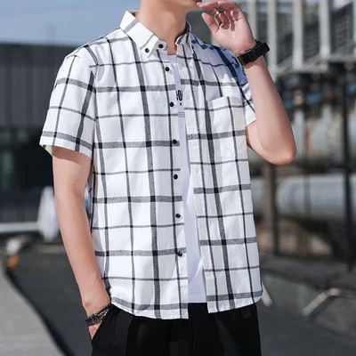 เสื้อเชิ้ตแขนสั้นผู้ชาย ผ้าฝ้ายลายสก๊อต สไตล์เกาหลี