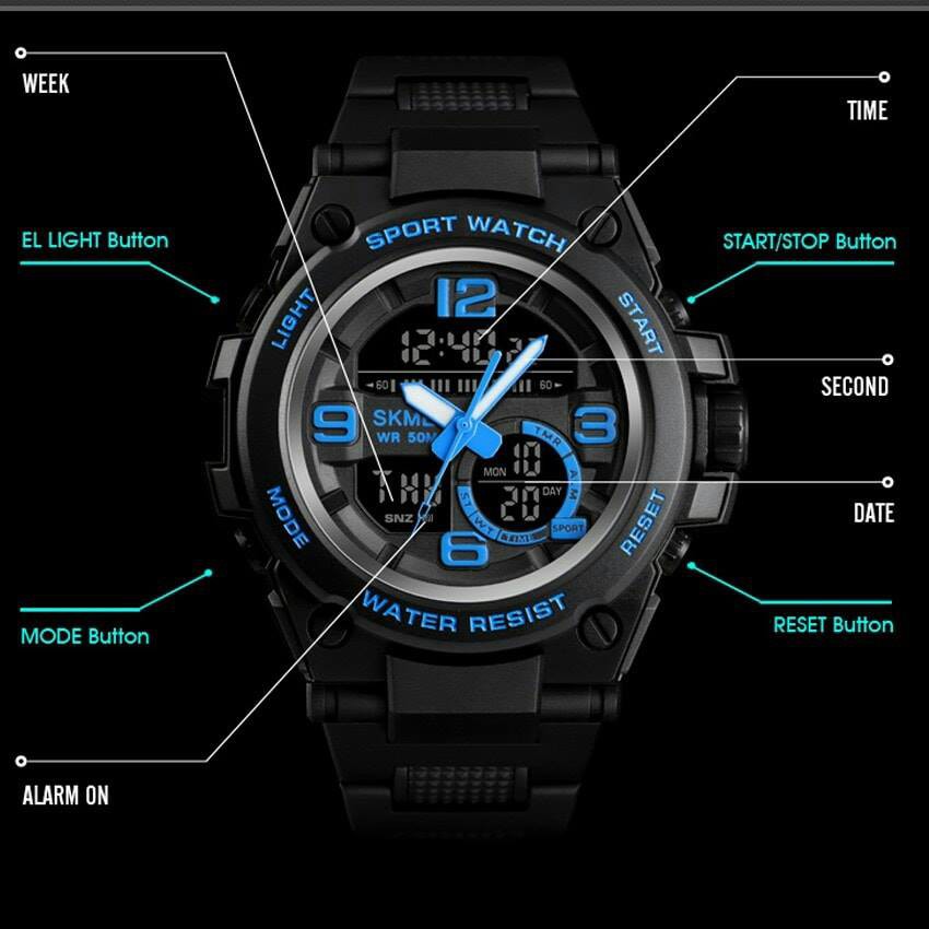 นาฬิกา SKMEI แบรนด์แท้ สุดเท่ห์ รุ่น SK1517 ⌚งาน 2 ระบบ ดิจิตอล/เข็ม กันน้ำได้ลึก 30 เมตร ดำน้ำเงิน