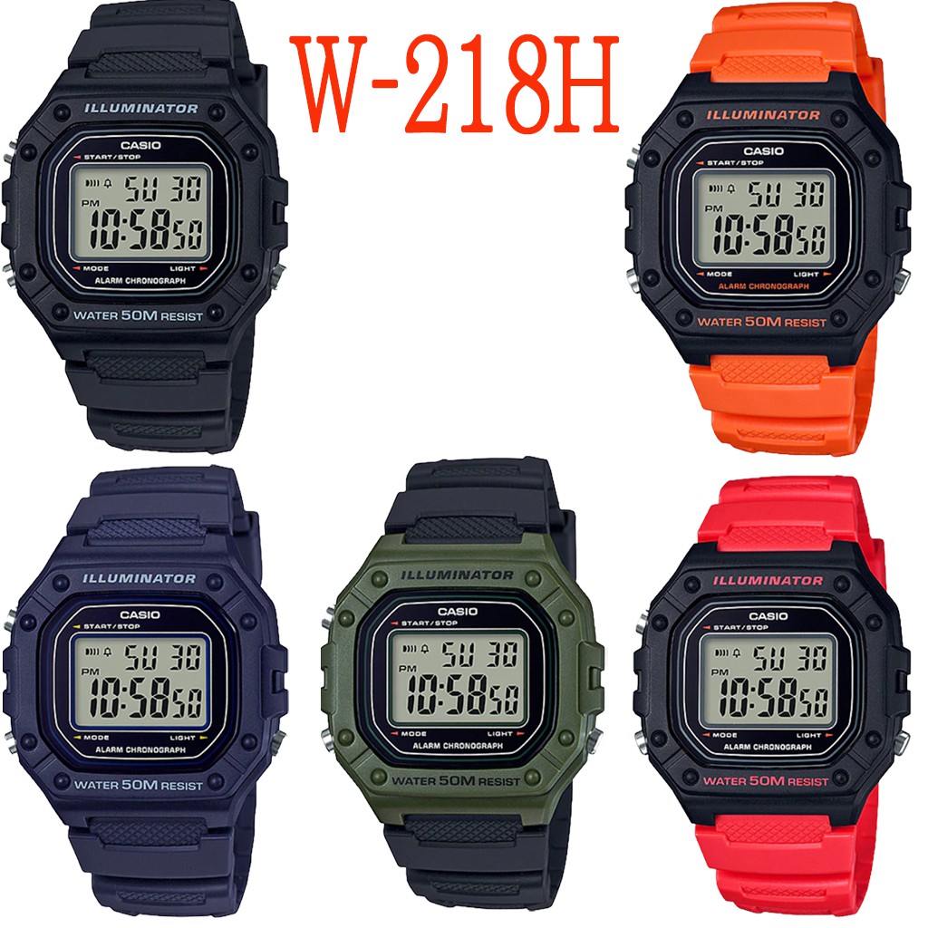 Casio นาฬิกาข้อมือผู้หญิง สายสายเรซิน รุ่น W-218H,5สี,สีดำ,สีนำ้เงิน,สีเขียว,สีแดง,สีส้ม,ของแท้ 100%#M&F888G#