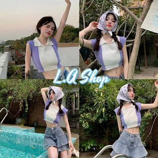 L.A Shop ​พร้อมส่ง  เสื้อครอปไพรมคอปก แขนสั้น ผ้านิ่มใส่สบายมาก มี3สีคิ้วมาก "6945"