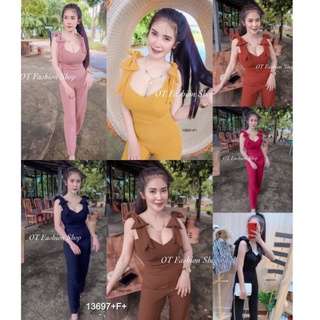 TW13697Jumpsuit จั้มสูทแขนกุด ขายาว ผ้าบลูเวฟ ไหล่ 2 ข้าง แต่งโบว์ มีซิปซ่อนด้านหลัง พร้อมส่ง