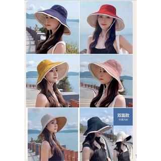 [พร้อมส่ง ] หมวกปีกกว้าง สีพื้น ผ้าฝ้าย หมวกกันแดด ปีกกว้างขนาดใหญ่ สามารถพับเก็บได้ มีสาย ใส่ได้สองด้าน