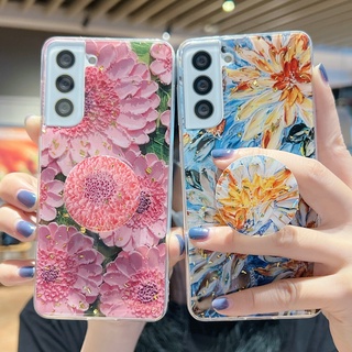 เล็กสด สไตล์ภาพสีน้ำมัน ดอกไม้จริง ฟลอเรท วงเล็บ เคส Samsung Galaxy S21 Ultra S21FE S20 Ultra S20FE S21 Plus + Case ซิลิโคนนิ่ม เคส