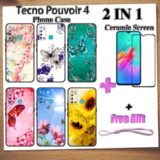 2 IN 1 Tecno Pouvoir 4 เคสโทรศัพท์ พร้อมกระจกนิรภัย เซรามิค ป้องกันหน้าจอ โค้ง ฟิล์มนิรภัย ผีเสื้อ