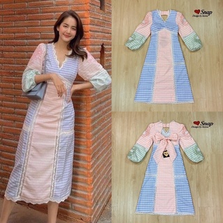 เดรส [ลด 150฿ ใส่โค้ด MATISHVS175] *  V pastel plaid lace hem dress *