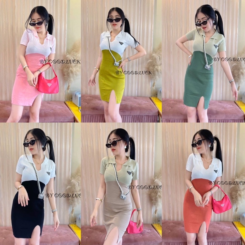 MesubShop เดรสไหมพรม คอโปโลแขนสั้น ผ้าทอลายทูโทนสีพาสเทล แหวกข้าง ป้ายปา ด้า ลักยิ้ม