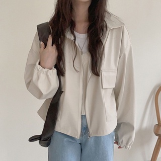 45925 Simple Lapel Pocket PU Leather Cardigan Jacket Coat Top