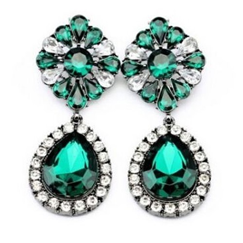 LKVintage Lady Green Rhinestone Flower Teardrop Statement Dangle Stud ต่างหู