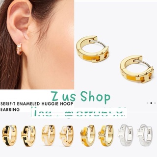 พรีฯTORY BURCH SERIF-T ENAMEL HUGGIE HOOP EARRINGS/black, white, yellow.