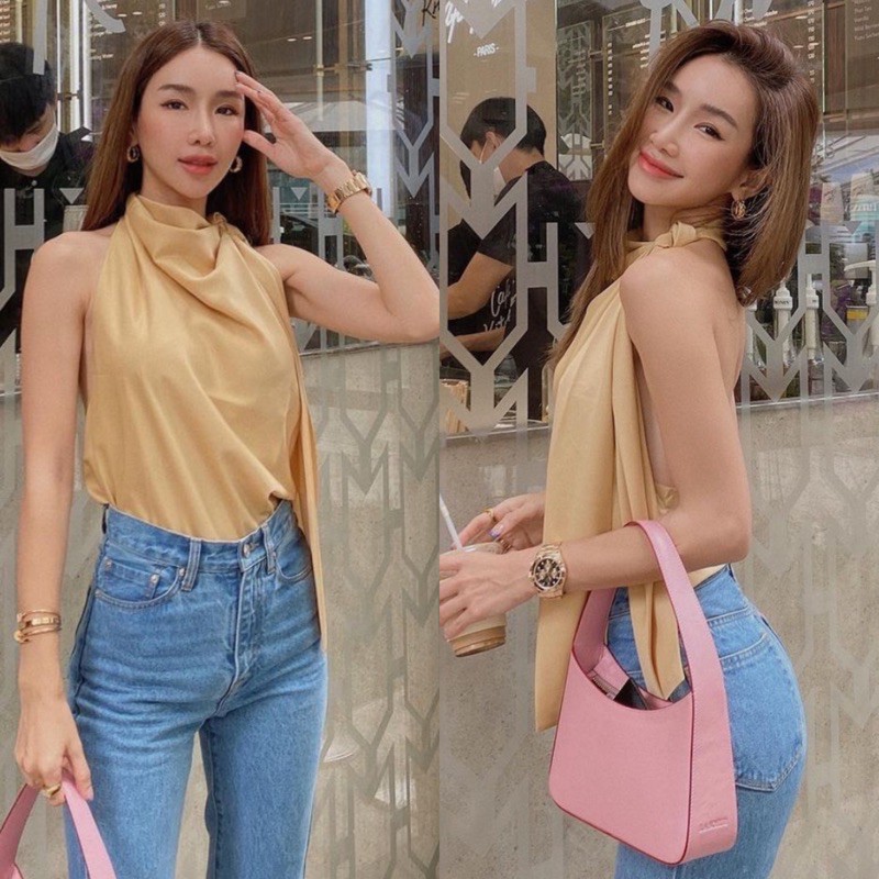 Lady_Sakura 3316/DD.021 #เสื้อแฟชั่นคอเต่าโชว์หลังเนื้อผ้าซาติน#เสื้อเเขนกุดคลองคอเว้าหลัง
