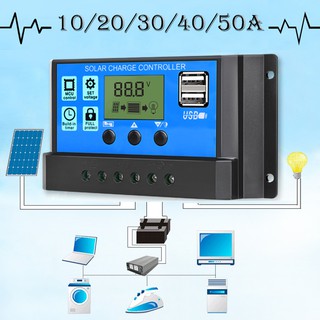 เครื่องควบคุมแผงโซล่าเซลล์ 10A 20A 30A 40A 50A 60A 12V 24V LCD Display PWM Solar Panel Regulator Charge 2 USB Katsu_