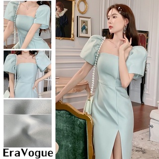 Eravogue ชุดเดรสสีเขียวผ่าข้าง ผ้าซาติน เซ็กซี่ พร้อมส่งในไทยงานจริงสวยมากชุดใส่ออกงาน