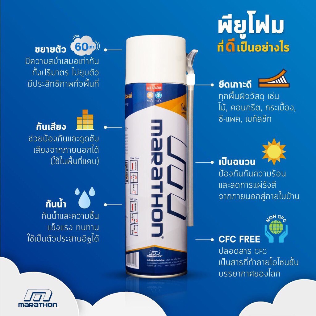 สเปรย์โฟม MARATHON 500ml. อุดรอยรั่ว รอยร้าวต่างๆ PU FOAM