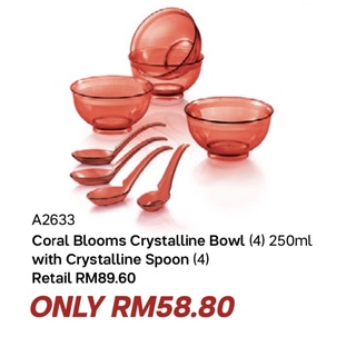 Tupperware รุ่น Coral Blooms Crystalline Bowl ขนาด 250 ml พร้อมช้อนรุ่นคริสตลัล พลาสติกแข็งแรง สดใส เซต 4 ใบ เพียง 588