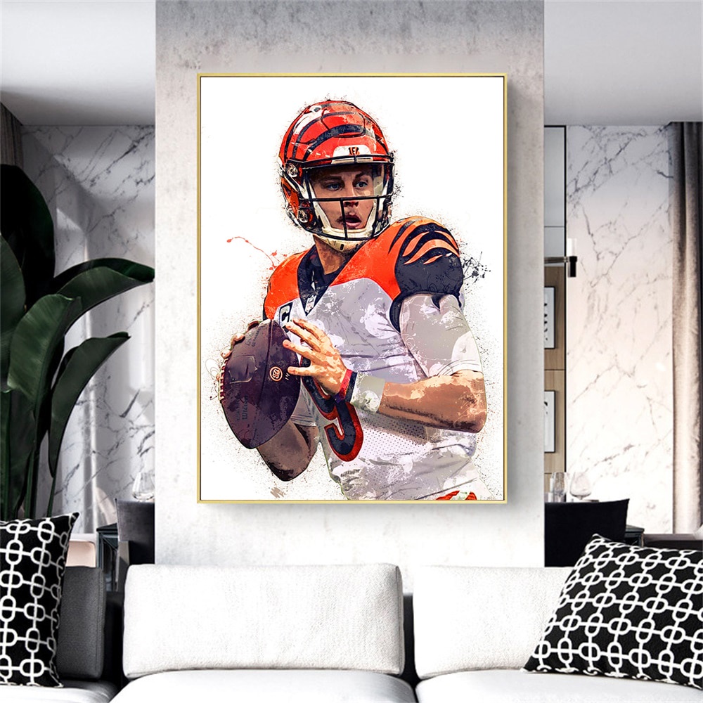 Joe Burrow โปสเตอร์พิมพ์ Wall Art ผ้าใบฟุตบอลกีฬา Art ที่มีชื่อเสียง Cincinnati รักบี้ Player ภาพวาด