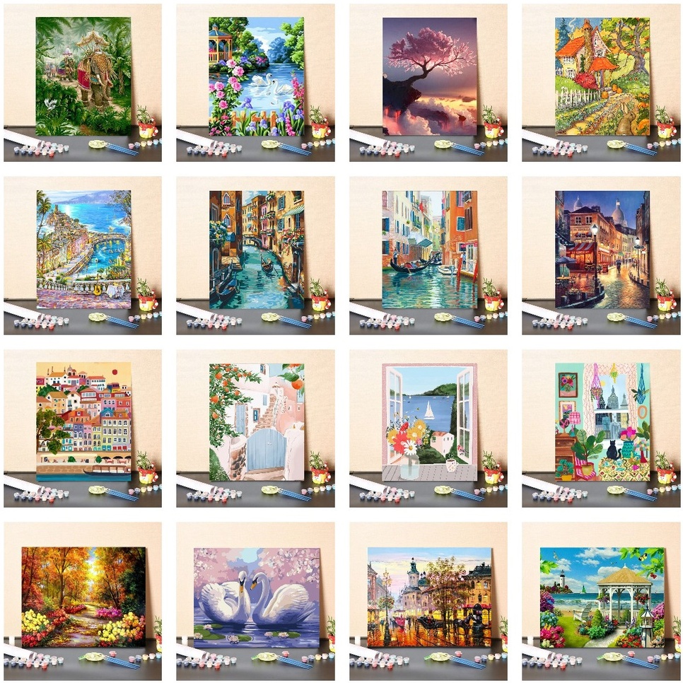 ภาพระบายสีตามตัวเลข ขึงเฟรมไม้พร้อมอุปกรณ์ ภาพวิวสวยๆ ขนาด 40×50 CM ของขวัญ DIY ฝึกสมาธิ สำหรับตกแต่งบ้าน