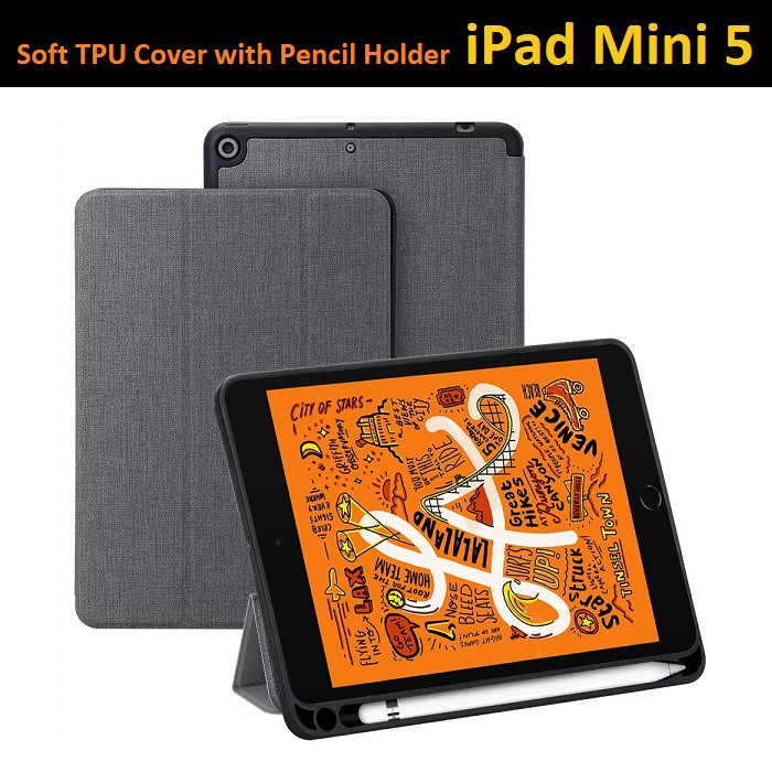 Qcase - Case for iPad Mini 5 Case with Pencil Holder,Premium Trifold Case with Strong Protection, Ultra Slim Soft TPU Ba