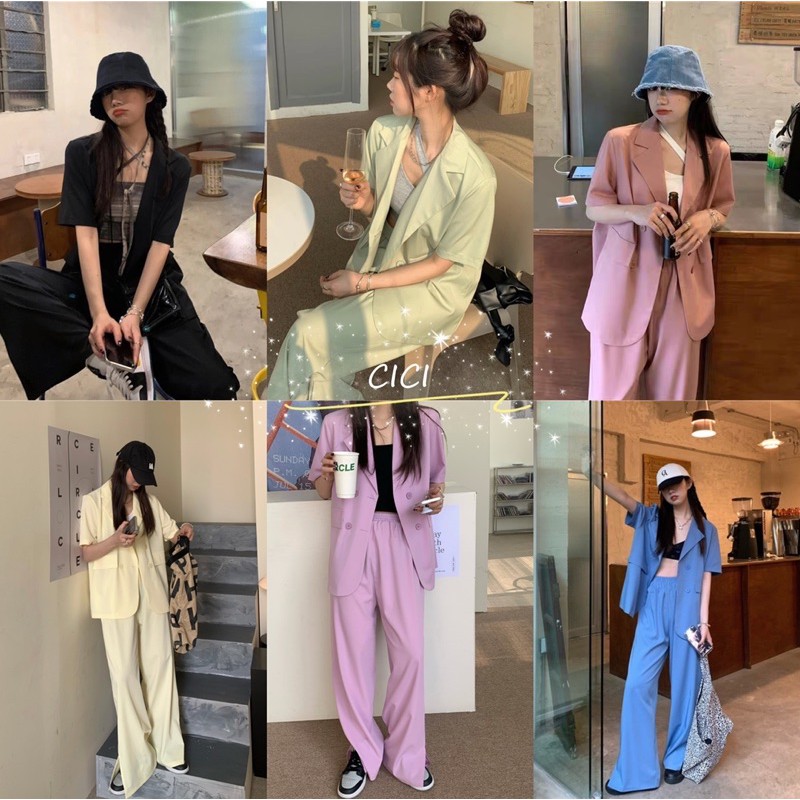 ส่งทันที Cici(NO. 2135)เซตสูท 2 ชิ้น เสื้อสูท+กางเกงเอวสม็อคทรงกระบอก สุดปังทำมาสี่สี