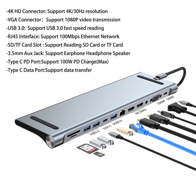 ฮับ USB 12 In 1 3 0 Type C 4K HDMI Dock Station TV Monitor Video Converter RJ45 Ethernet SD TF Card Reader อุปกรณ์เสริมแล็ปท็อป