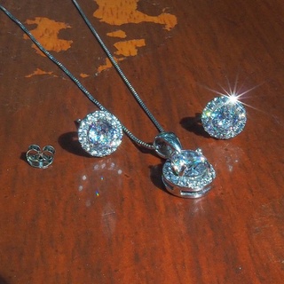 ต่างหูเงินแท้ Round halo diamond set ชุบทองคำขาว18k ผลิตเหมือนเพชรแท้