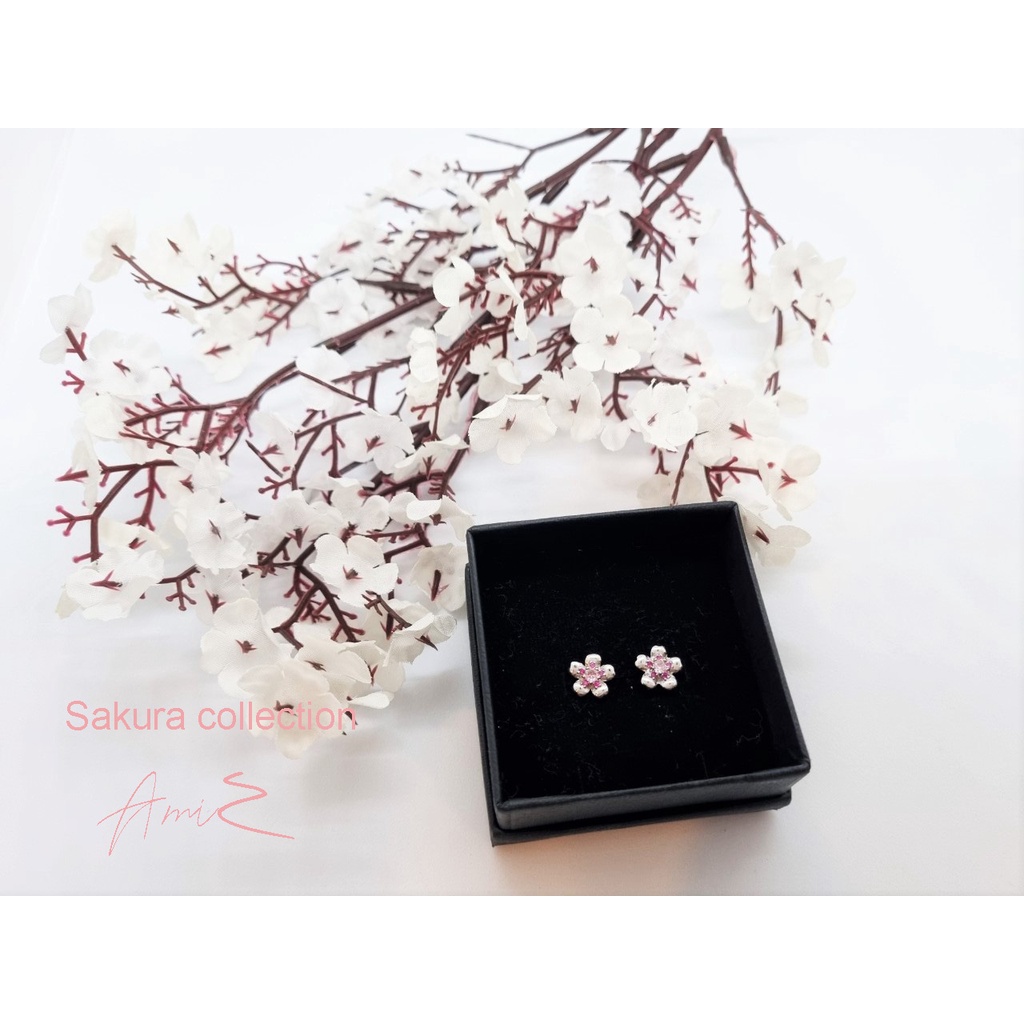 ต่างหูเงินแท้ S999 ประดับเพชร CZ ลายดอกซากุระ