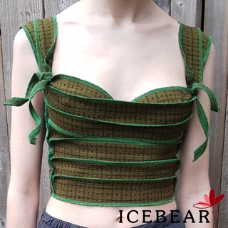 Ice- เสื้อกล้าม ลําลอง ฤดูร้อน สีตัดกัน ผ้าแถบด้านข้าง เสื้อครอป แขนกุด สําหรับผู้หญิง ใส่ไปคลับ สตรีทแวร์