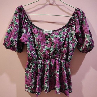 เสื้อสมอค แขนตุ๊กตา ลายทิวลิปสีม่วง ใส่ได้สองแบบ แบบปาดไหล่ อก 36