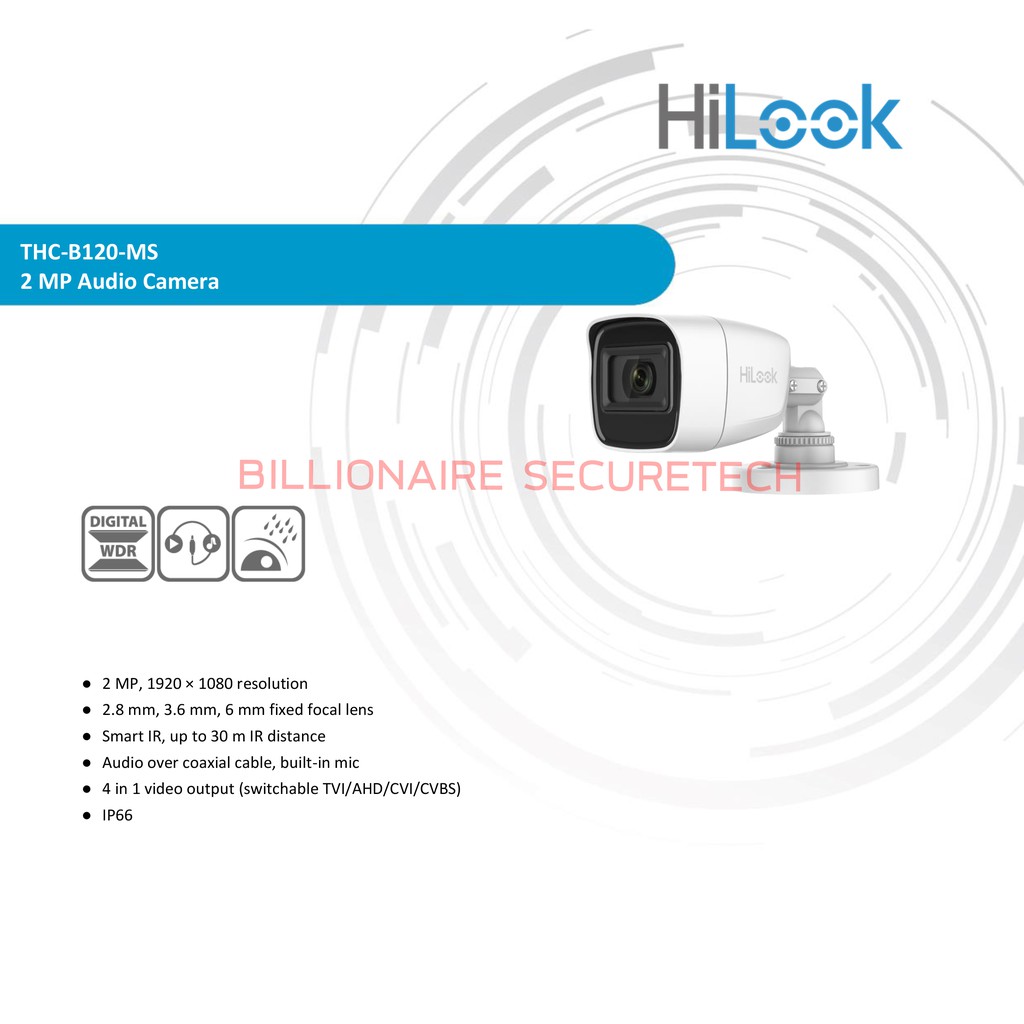 HILOOK กล้องวงจรปิด HD 4 ระบบ THC-B120-MS (3.6 mm) IR 20 M., มีไมค์ในตัว BY BILLIONAIRE SECURETECH